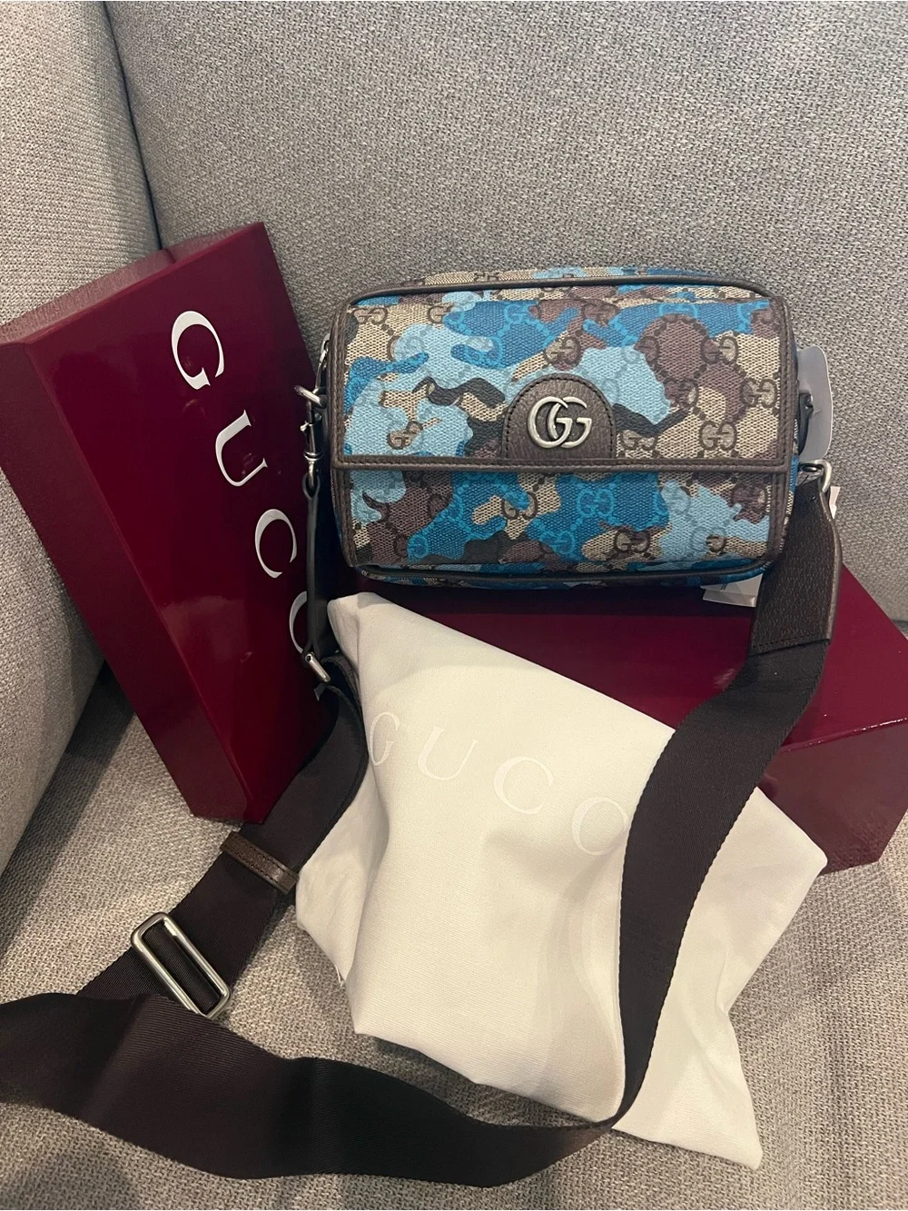 New Gucci Brown and Blue GG Supreme Camouflage Crossbody Bag